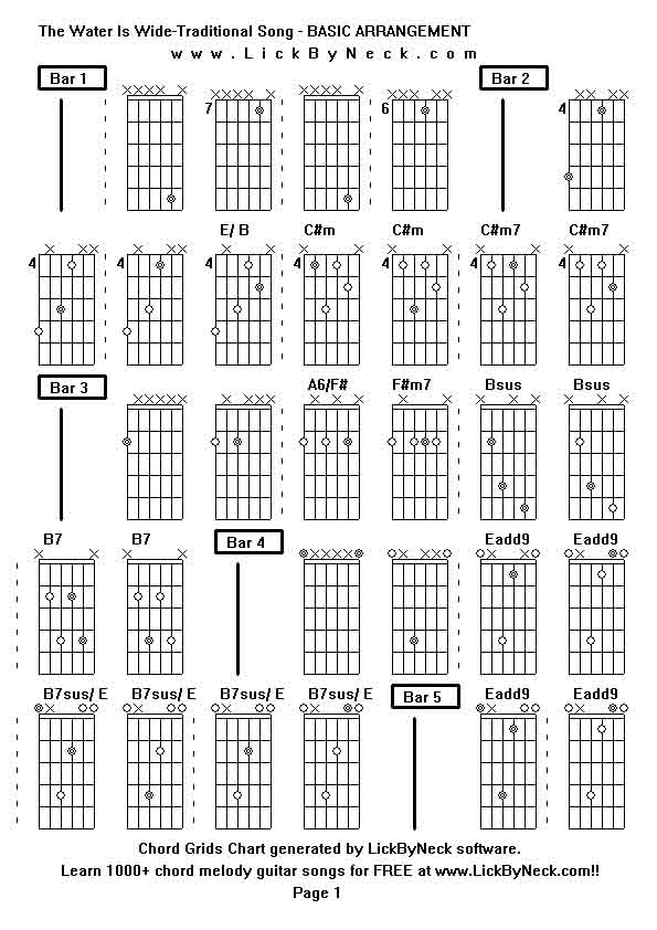 Chord Grids Chart of chord melody fingerstyle guitar song-The Water Is Wide-Traditional Song - BASIC ARRANGEMENT,generated by LickByNeck software.